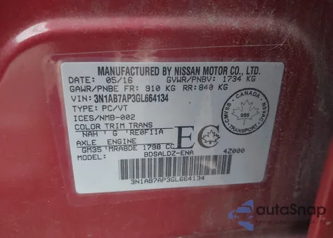 2016 Nissan Sentra Fe+ S/S/Sl/Sr/Sv z USA, uszkodzony, nr VIN 3N1AB7AP3GL664134